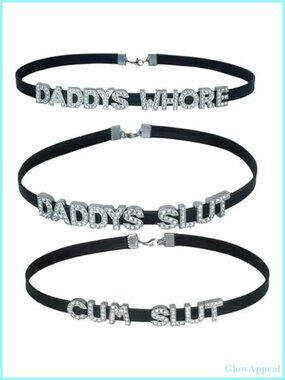 Rhinestone Alloy Letter Choker Necklace Set PU Leather Adjustable Buckle